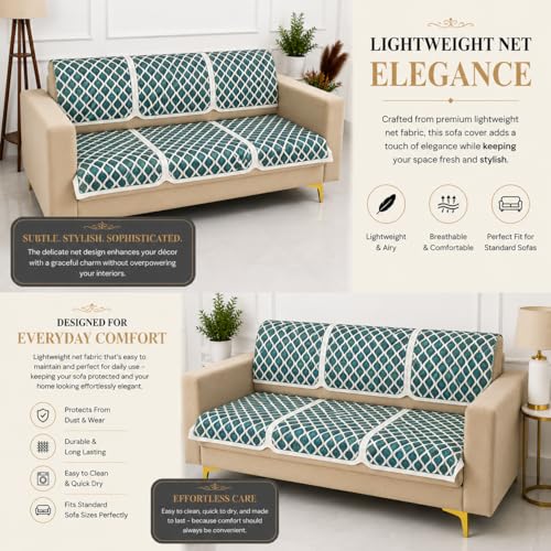Image of Homerz Premium 'Maharaja Paradise Series' Sofa Cover | Net Fabric Sofa Cover | Washable, Anti-Dust Backed & Wrinkle Resistant Cover (Aqua Lattice, 5 (3+2) Seater, Seat Cover with Backrest)