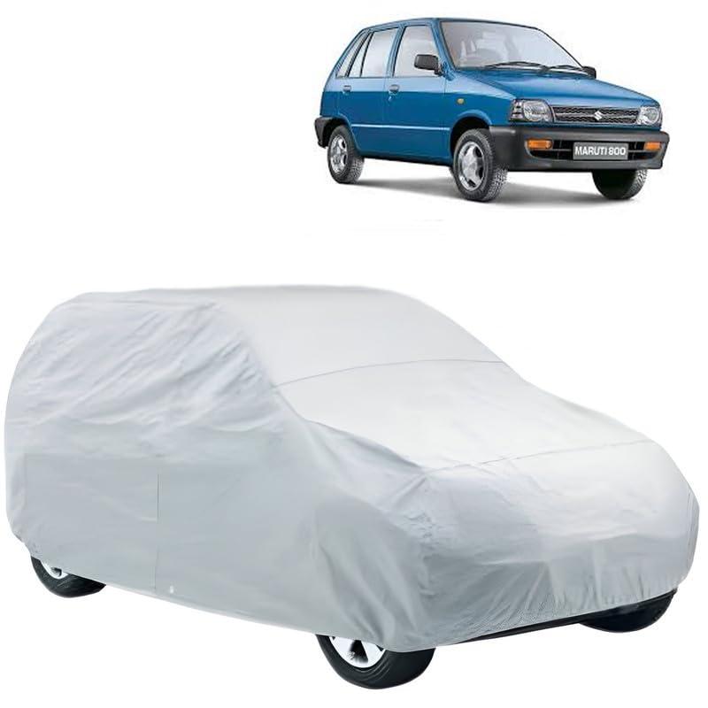 Image of Car Body Cover Compatible with Maruti Suzuki 800 |Model 1997 |Water Resistant |Without Mirror Pocket|Triple Stitched Fully Elastic,All-Weather Protection Silver