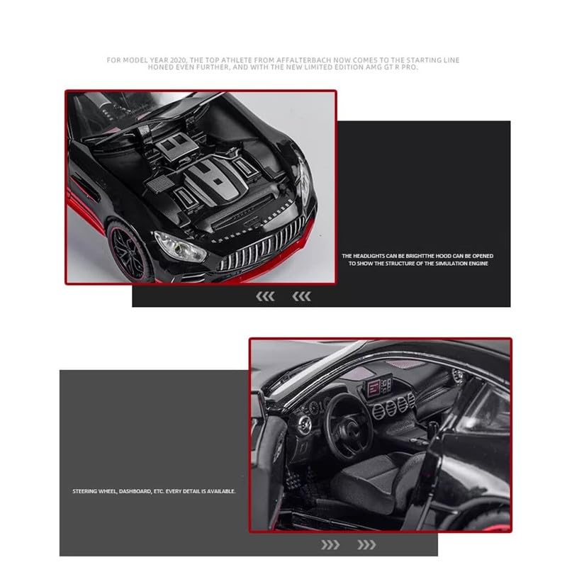 Image of Kids Model 1:24 Benz AMG GTR Die Cast Metal Car Pull Back Action Opening Doors with Realistic Engine Sound Lights Toy Car Gift for Boys - Red
