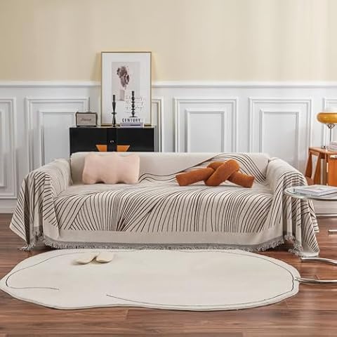 VClife Coffee Beige Stripe Couch Cover for Sectional Sofa Thick Couch Cover for 3 Cushion Couch Sofa 71 X 134, Non-slip Durable Furniture Protector Cover for Dog Cat 1 PC XL Sofa Slipcover with Tassel Cover