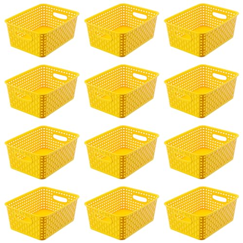 Yellow Plastic Organizer Baskets 12-Pack Stackable Pantry Storage Baskets Small Baskets for Shelves Bathrooms Kitchens Laundry Room Classrooms Cabinets and Bedrooms