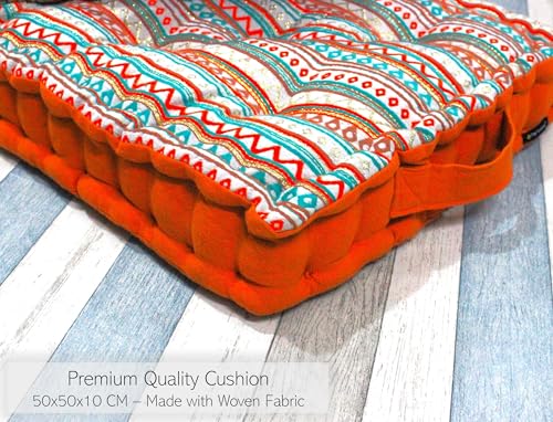 Image of Reversible 50x50x10 cm Woven Quilted Floor Cushion Boho Orange with Cotton Filler for Seating, Patio Seat, Meditation, Yoga, Pooja, Guests, Living Room, Bedroom, Large Size 20x20x4 Inch
