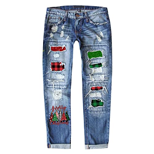 Jean troué femme grande taille XXL pantalon de Noël épais rouge imprimé