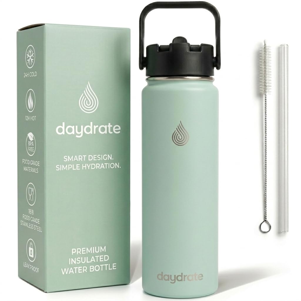 Insulated Metal Water Bottle with Straw 750ml- Stainless Steel Water Bottle, BPA Free, Dual Lid Straw & Spout, Leakproof, 24 Hours Cold & Hot, Work, Travel, Gym Bottle for Men & Women - Grey- Daydrate — view 11
