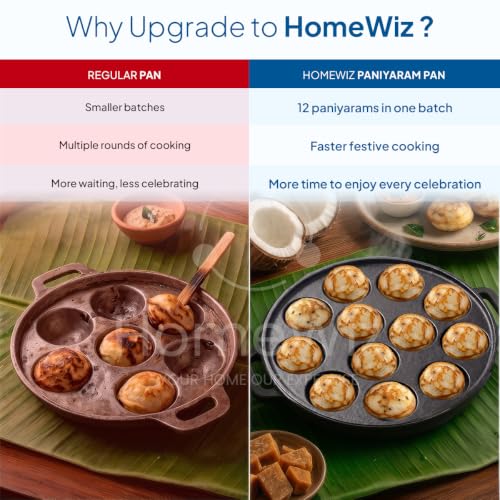 Image of HomeWiz Cast Iron Appe Pan 12 Cavity 26 cm | Free Oil Dispenser 500ml | Pre-Seasoned Appe Maker for Appam, Paniyaram & Appe | Non Stick Appam Pan | Naturally Non-Stick | Works On Induction & Gas