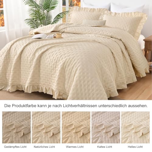 WONGS BEDDING Tagesdecke 220x240 Creme 3 Teilig mit 2 Kissenbezug 50x75 – Ansicht 6