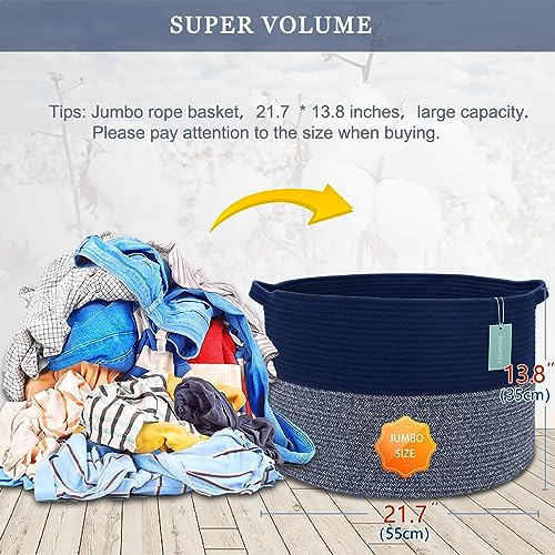Image of Large Cotton Rope Blanket Basket, 87L Laundry Hamper, Navy Blue | Collapsible Woven Nursery Hamper, Sturdy Handles for Clothes Toys Towels, Ideal for Living Room Bedroom Bathroom