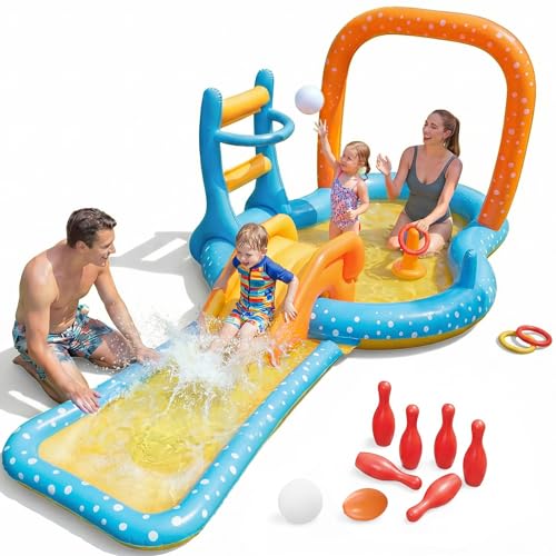 Inflatable Kiddie Pool with Dual Slides, Kids Splash Pool Play Center with Water Slide & Slip Slide, Outdoor Backyard Water Toy for Toddlers