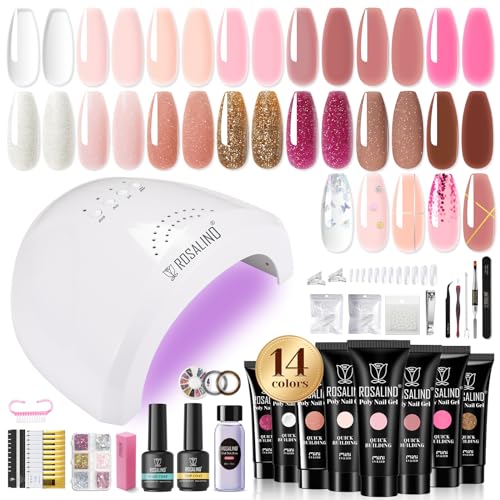 ROSALIND Poly Nail Gel Kit-14 Colors Clear Nude Poly Nail Gel Kit with 48W U V Nail Lamp Base and Top Coat Slip Solution for Glitter Pink Extension Starter Kit