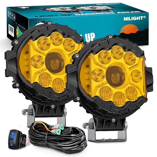 Nilight 7 Inch LED Offroad Driving Lights High Low Beam 2 PCS 80W Round Amber Light Side Shooter Spot Flood Fog Light Pod w/ 16 AWG DT Connector Wiring Harness Kit for Jeep Truck ATV UTV SUV