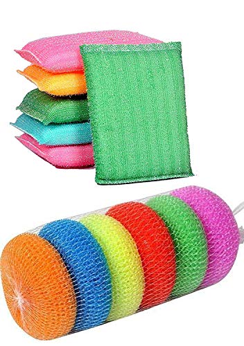 Image of MOOLYAVAAN Products Multi Colour Foam Pad Sponge & Plastic Scrub Pads Foam Pad Sponge Scourer Kitchen Scrubber for Dish /Utensils /Tiles Cleaning Heavy Quality (Pack of 12+12)