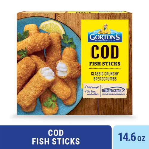 Gorton’s Crunchy Breaded Fish Sticks Cut from 100% Whole Fillets, Wild Caught Cod with Crunchy Breadcrumbs, Frozen, 14.6 Ounce Package