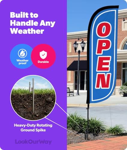 Image of LookOurWay Feather Flag Pole Kit - 7 Feet Tall Advertising Banner with Fiberglass Pole Set and Ground Spike for Business Promotion - Open Flags - Open Blue & Red