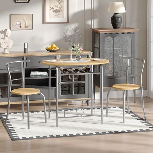 Image of VECELO 3-Piece Dining Table Set for Kitchen Breakfast Nook, Wood Grain Oval Tabletop and Metal Frame with Built-in Wine Rack, for Small Spaces, Natural & Silver