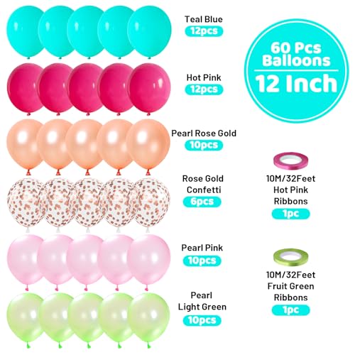 Image of Tropical Party Balloon, 60 Pcs Hawaii Balloons, 12 Inch Hot Pink Teal Blue Latex Balloon Pearl Rose Gold Confetti Balloons for Birthday Baby Shower Wedding Beach Tropical Flamingo Party Decorations