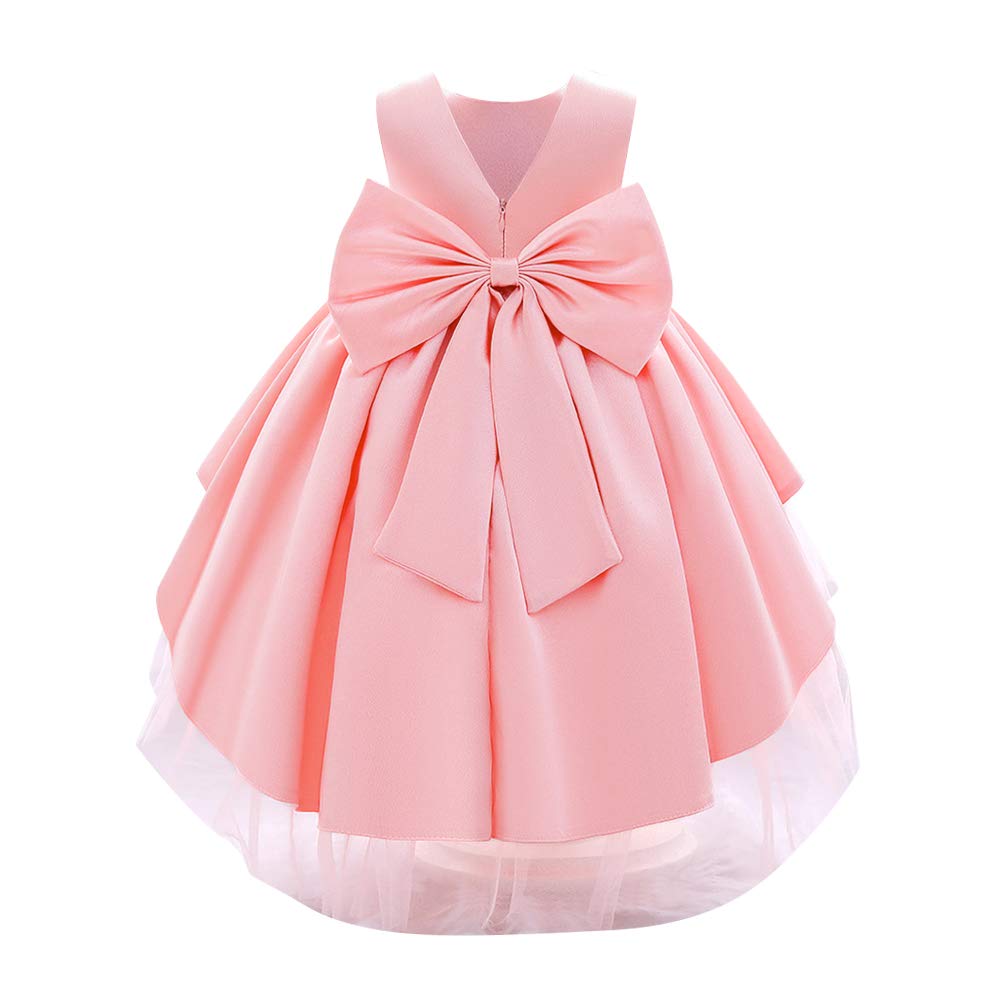 IBAKOM - Vestido de fiesta para bebé o niña, elegante, sin mangas, cuello en V, lazo de satén, para boda, dama de honor, comunión, bautizo, princesa, vestido de baile, rosa claro, 18-24 Meses