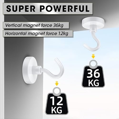 VNDUEEY 6 Pack 36 kg Magnethaken, Heavy Duty Neodym-Magnethaken, starke magnetische Aufhänger zum Aufhängen, rostfreie weiße Magnete mit Haken für Werkzeugkasten, Kreuzfahrt, Grill, Mantel