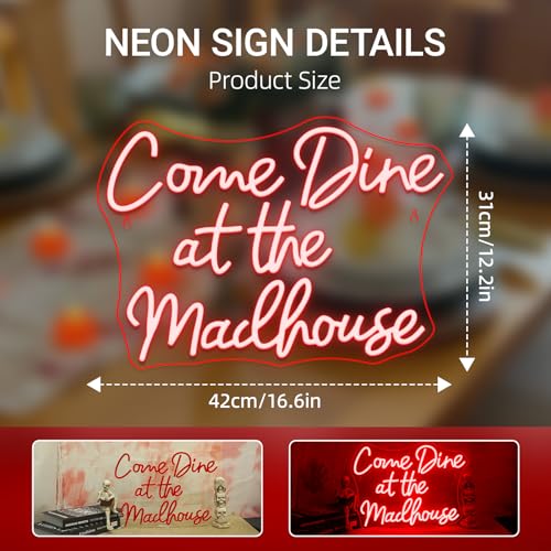 Image of Come Dine at The Madhouse Neon Sign Restaurant Neon Signs for Wall Decor Red LED Night light for Home Bar Gothic Halloween Horror Party Club Man Cave Decoration