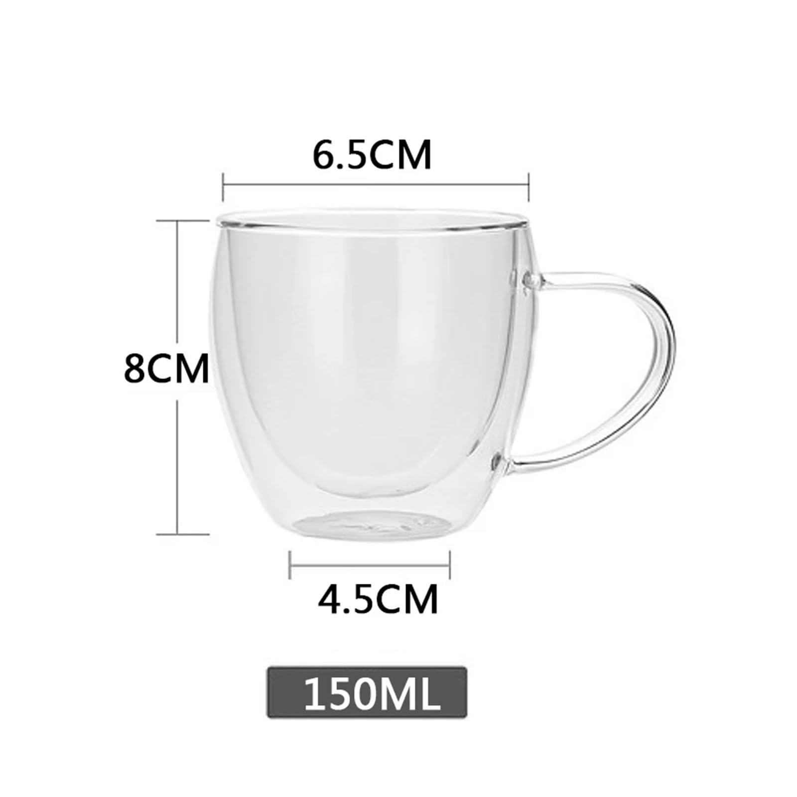 Zestaw 2-6 450 ml żaroodporne podwójne szklane kubki do herbaty i kawy, ręcznie wykonane, kreatywne, zdrowe, zimne, przezroczyste (6 szt., 150 ml) A)