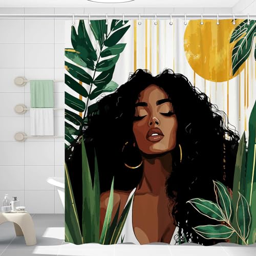 African American Woman Shower Curtain Sexy Black Girl Lady Bathroom Shower Curtain Boho Minimalist Art Green Tropical Plant Leaves Modern Bathroom Curtain Set Accessories Decor with Hooks 70X70Inch
