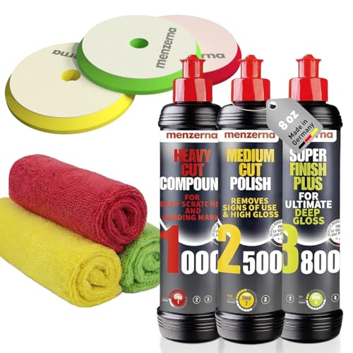Image of menzerna Polishing Set 8oz - HCC1000, MCC2500 & SFP3800 | 3-Step System incl. 3 Matching 6-Inch Pads & 3 Matching Microfiber Towels for Scratch Removal, Swirl Elimination & Mirror-Like Finish