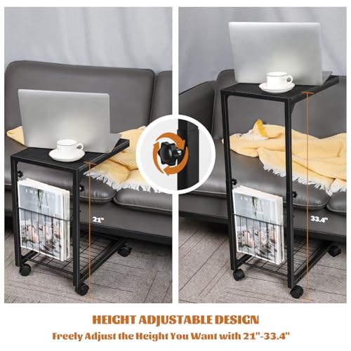 Image of BTY C Shaped Side Table Adjustable End Table with Wheels C Table for Small Spaces Couch Table with Storage for Sofa Living Room Bedroom (Black)