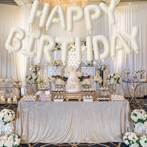 Image of Cream Happy Birthday Balloon Banner, Neutral Beige Happy Birthday Foil Balloon, 16 Inch Ivory White Sand Born Day Bunting Banner Letter Balloons for Men Women Birth Party Decorations Supplies