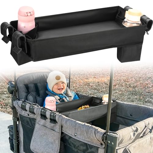 Image of Upgraded Stroller Snack Tray for Wonderfold Wagon W4 Series - Kids Toy Placement - Faux Leather Sides - Easy to Clean - Deeper Cup Holder - Reinforced Sides (W4 Model)