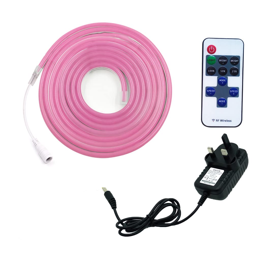 OssunDimmable LED Neon Rope Light, 12V 5m Light Strips, IP67 Waterproof Silicone Flexible Strips, Neon Rope Light for DIY,Bedroom,Christmas Party,Stairs,Corners,Signs( Power Adapter Included) (Pink)