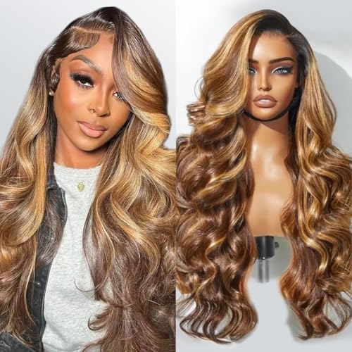 Smilenice 210% Density 13x6 Highlight Ombre Full Lace Frontal Wigs Human Hair 12A Body Wave Brazilian Human Hair Pre Plucked 4/27 Honey Blonde HD Glueless Transparent Lace with Baby Hair 22 Inch