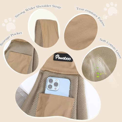 Pawaboo Hundetragetasche, Tragbare Haustier Hundetasche mit Atmungsaktiver Mesh-Tasche, Outdoor Reise Haustier Umhängetasche, Tragetücher für Klein Hund Katze (Bis zu 14lbs), Khaki