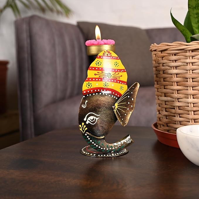 Buy Handcrafted Metal Fish Showpiece with Traditional Painted Design – Ethnic Indian Home Décor Figurine for Living Room, Office & Perfect Diwali, 