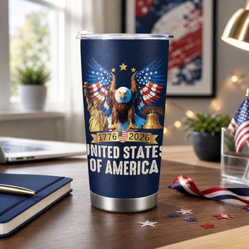 Image of AFRITEE 250th Anniversary USA Tumbler, 4th of July Decorations 20oz Insulated Coffee Travel Mug, 1776-2026 USA Birthday Gift Patriotic Stainless Steel Cup with Lid & Straw