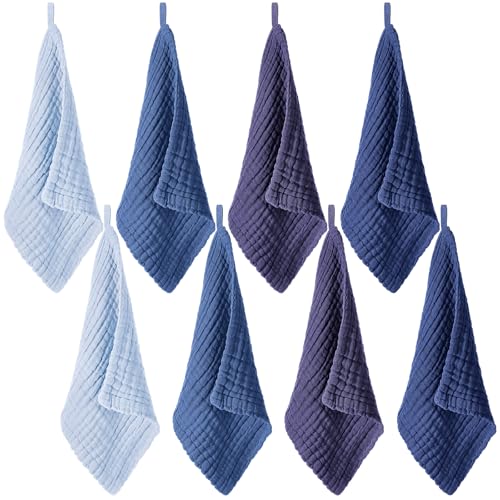 SmoothNovelty 8 Pcs Muslin Washcloths Muslin Face Cloths, Dark Blue