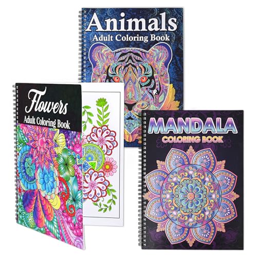 Pobuu Lot de 3 Pièces Livre Coloriage Adulte, Livre de Coloriage Anti Stress pour AdultesRelaxation, 60 Motifs Mandalas,Fleurs et Animaux,Noël Cadeau Femmes