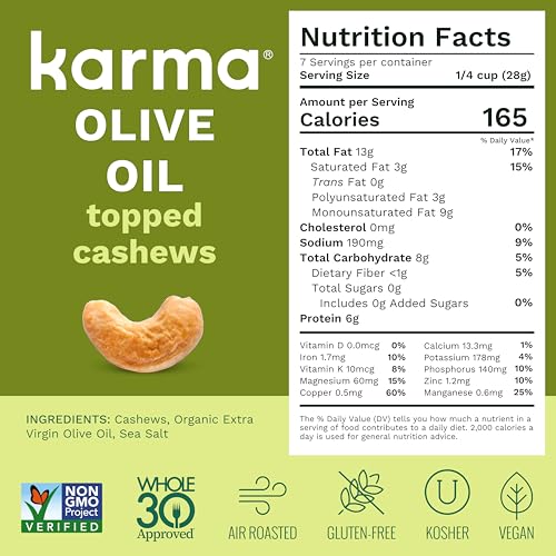 Image of Karma Nuts Olive Oil & Sea Salt Whole Cashews (7 oz, Pack of 1) - Roasted Cashews, Healthy Snacks for Adults - Gluten Free Vegan Snacks, Non GMO - Flavored Nuts, Low Carb Snack