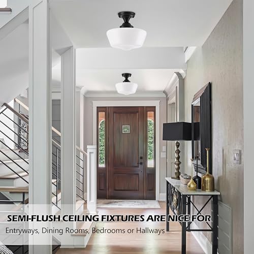 AyshwillDec Schoolhouse Light Fixture, 12'' Mid Century, Milk Glass, Semi Flush Mount Ceiling Light for Bedroom Kitchen, Black, Incl. LED Bulb by AyshwillDec - Used condition - Image 9