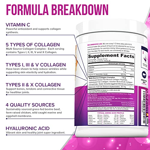 Multi Collagen Peptides Powder for Women and Men - Instant Dissolving Grass Fed Hydrolyzed Collagen Powder Drink Mix for Beautiful Hair Skin and Nails with Hyaluronic Acid and Vitamin C