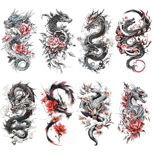 Realistic Dragon Flower Temporary Tattoo for Women, Large Chinese Dragon Floral Fake Tattoo Adult Girl, 3D Black Color Temp Tatoo Sticker Chest Half Arm Body Art Makeup, 8-Sheet