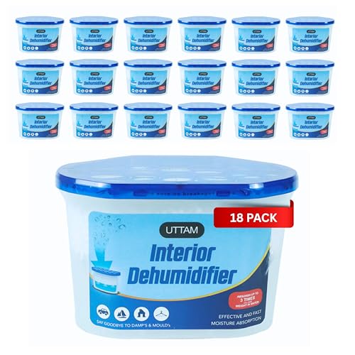 UTTAM 500ml Dehumidifiers - Moisture Absorber and Condensation Remover for Home, Kitchen, Wardrobe, Bedroom, Caravan, Office, Bathroom, Basement - Combats Damp, Mold, and Moisture (Pack of 18)
