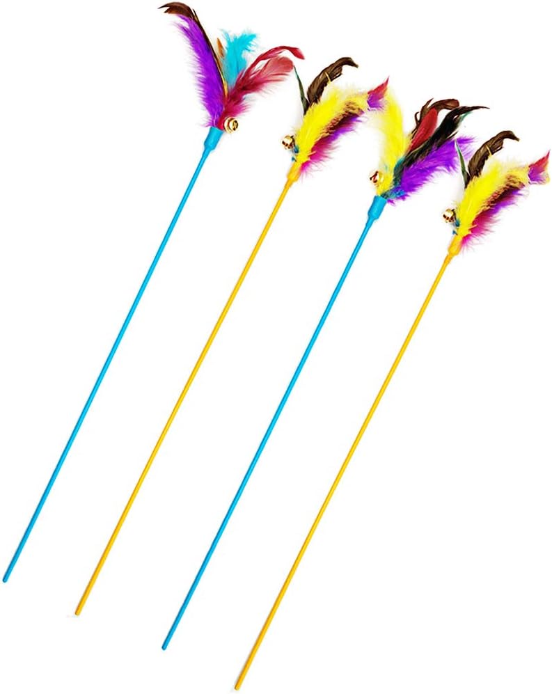 Cat Wand Toys, 4 PCS Interactive Cat Teaser Wand Cat Feather Toys with 20 Inches Colored Pole and Loud Bell for Cat Kitten