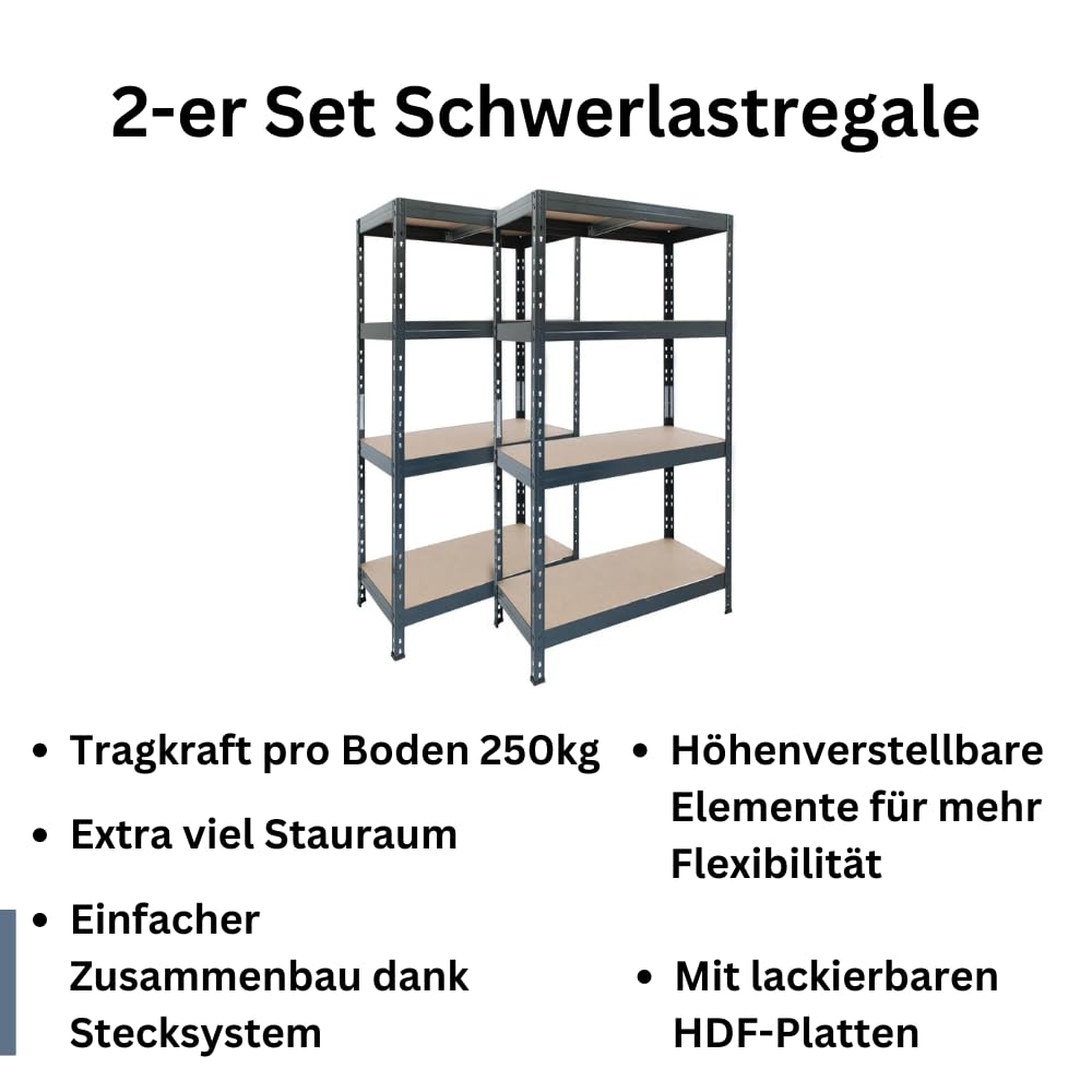 Schwerlastregal, 2er Set, Rivet System mit Holzfaserplatten, 180x90x45cm, 4 verstellbare Böden, Traglast 250 kg/Boden, anthrazitgrau