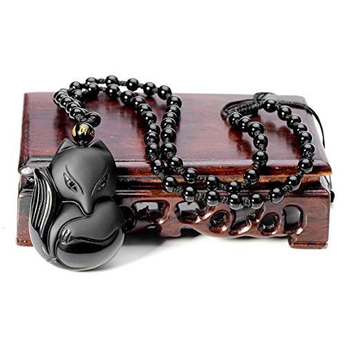 Top Plaza Natural Black Obsidian Healing Crystal Necklaces Fox Talisman Buddha Mala Prayer Pendant Necklace For Protection Good Luck #TOP1