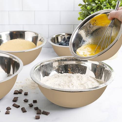 Image of WHYSKO Stainless Steel Mixing Bowls Set, 5-Piece Meal Prep & Food Storage | .75, 1.5, 3, 4 & 5 Quart Metal Mixing Bowls Set for Prep, Serving, Baking & Food Storage, Ecofriendly, Dishwasher Safe, Khaki
