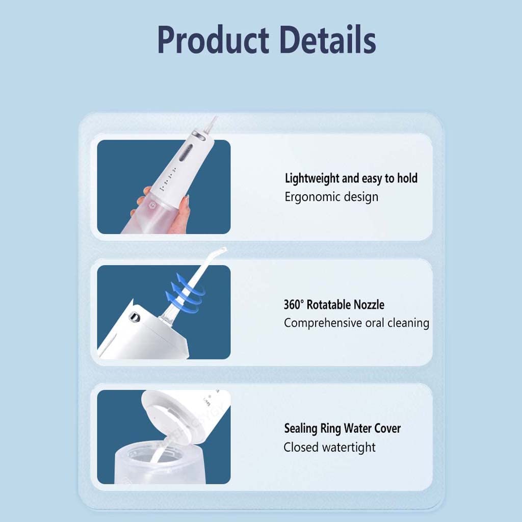 Idropulsore per denti senza fili con 4 modalità, irrigatore orale con rotazione a 360°, impermeabile IPX7, 300 ml e 2 punte a getto Detergente per denti con presa d'acqua, ricaricabile tramite USB