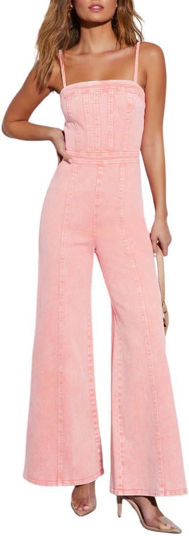 loveimgs Women's Casual Denim Jumpsuit Sleeveless Adjustable Strap Stretchy Flare Jeans Long Pants Rompers