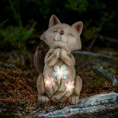 Smadeer Fox Statue for Garden Decor,Garden Statue with Solar Power Light for Outdoor Patio Porch Lawn Yard Backyard oudside Indoor Shelf Decoration,Praying Fox Garden Sculptures & Statues