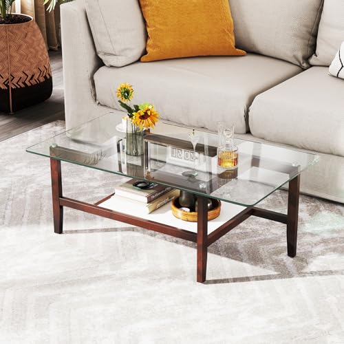 GOPLUS Table Basse en Verre Trempé, Table de Salon Rectangulaire à 2 Niveaux avec Étagère de Rangement, Vitré Style Moderne avec Pieds en Bois Massif,...