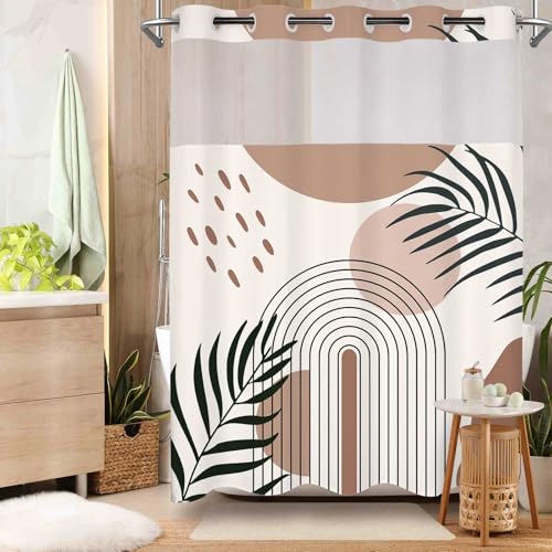 LYLYCTY Duschvorhang ohne Haken, mit einrastbarem Futter & Einsatz, Boho-Stil, Mitte des Jahrh&erts, Sonnencreme-Hellbraun, Duschvorhang für Badezimmer, Dekoration, 180,3 x 188 cm