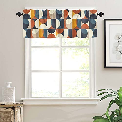 Kitchen Valance For Windows Nordic Style Abstract Geometric Texture Retro Blue And Orange Valance Curtains Semi Sheer Rod Pocket Short Curtain Panel For Living Room Bathroom Bedroom, 54"X18" #TOP2